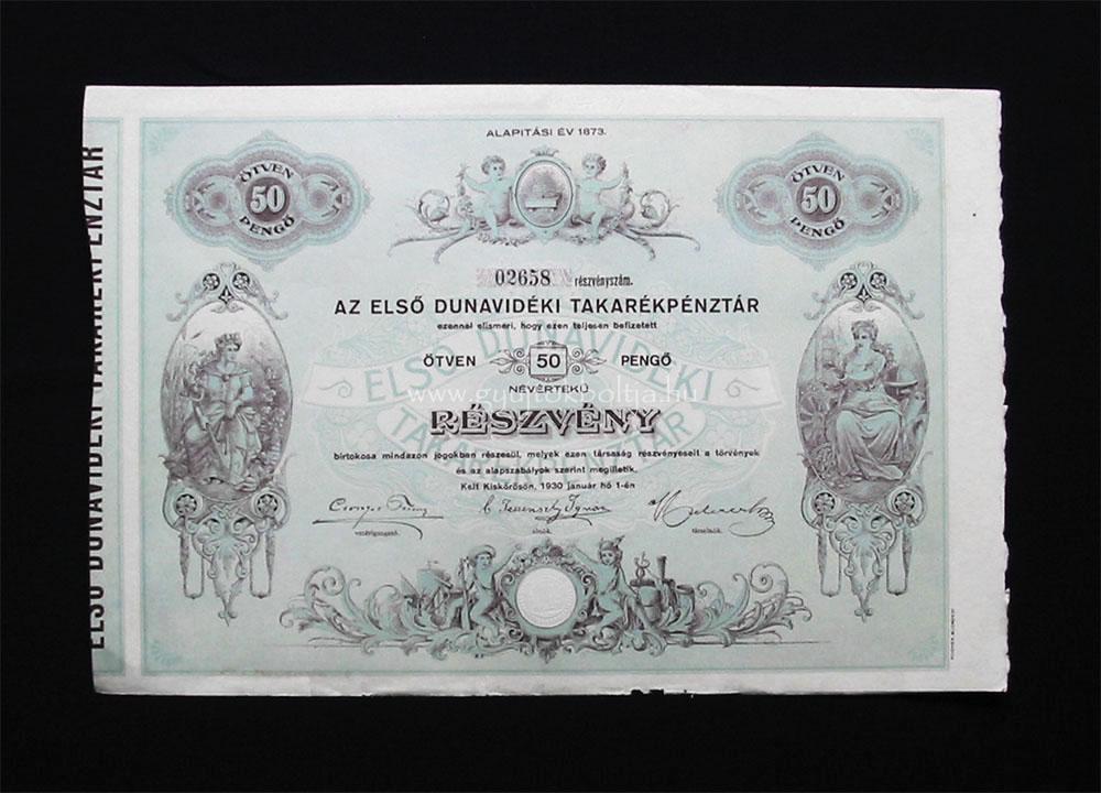 Elsõ Dunavidéki Takarékpénztár 50 pengõ 1930 Kiskõrös